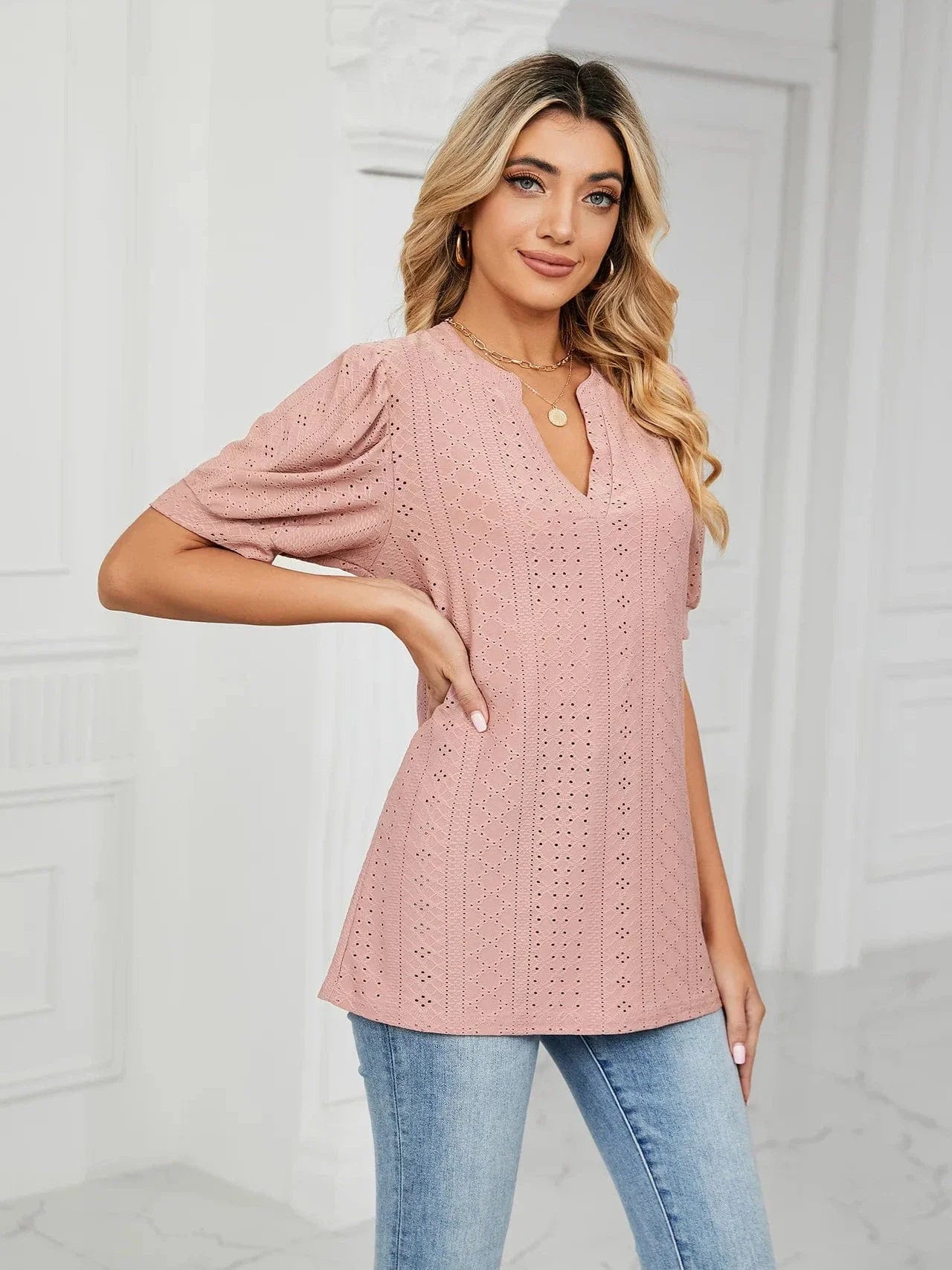 Summer New Clothing Casual Top for Women V-neck Shirts for Women Solid Color Hollow Bubble Sleeve Loose T Shirt Women Tops