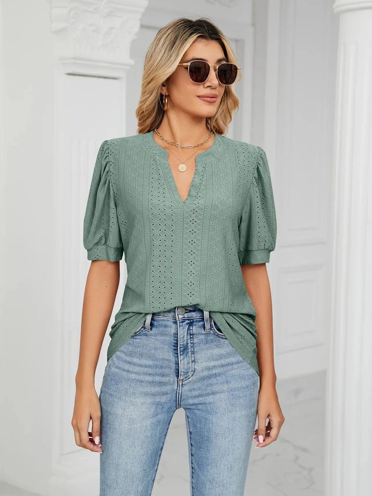 Summer New Clothing Casual Top for Women V-neck Shirts for Women Solid Color Hollow Bubble Sleeve Loose T Shirt Women Tops
