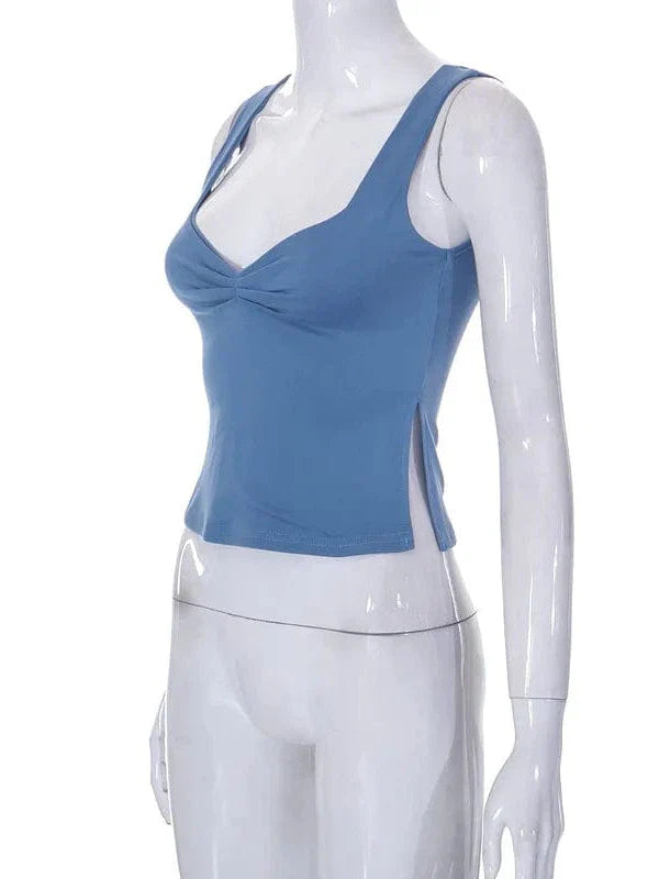 Vintage Square Neck Slit Hem Backless Cropped Tank Top