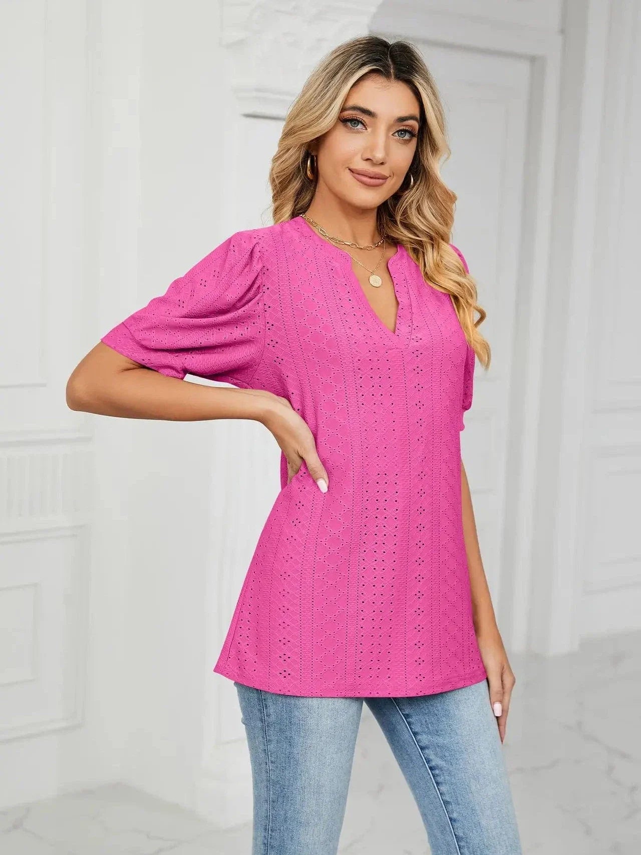 Summer New Clothing Casual Top for Women V-neck Shirts for Women Solid Color Hollow Bubble Sleeve Loose T Shirt Women Tops