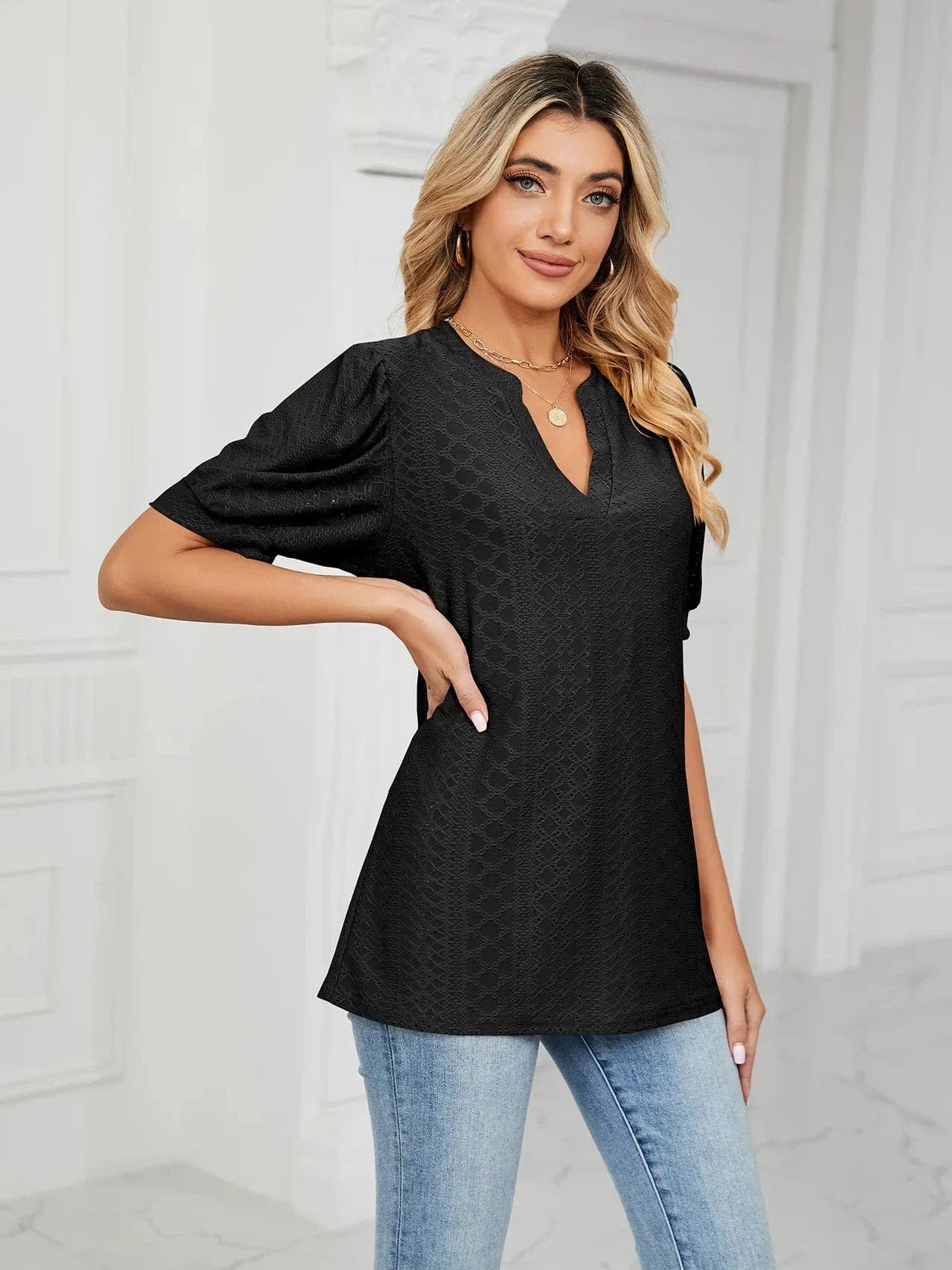 Summer New Clothing Casual Top for Women V-neck Shirts for Women Solid Color Hollow Bubble Sleeve Loose T Shirt Women Tops