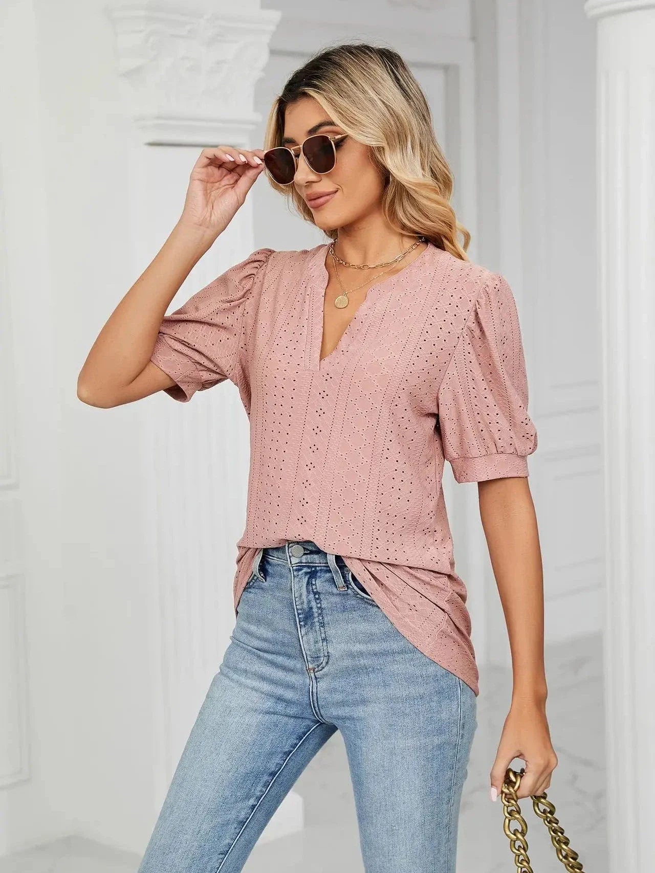 Summer New Clothing Casual Top for Women V-neck Shirts for Women Solid Color Hollow Bubble Sleeve Loose T Shirt Women Tops