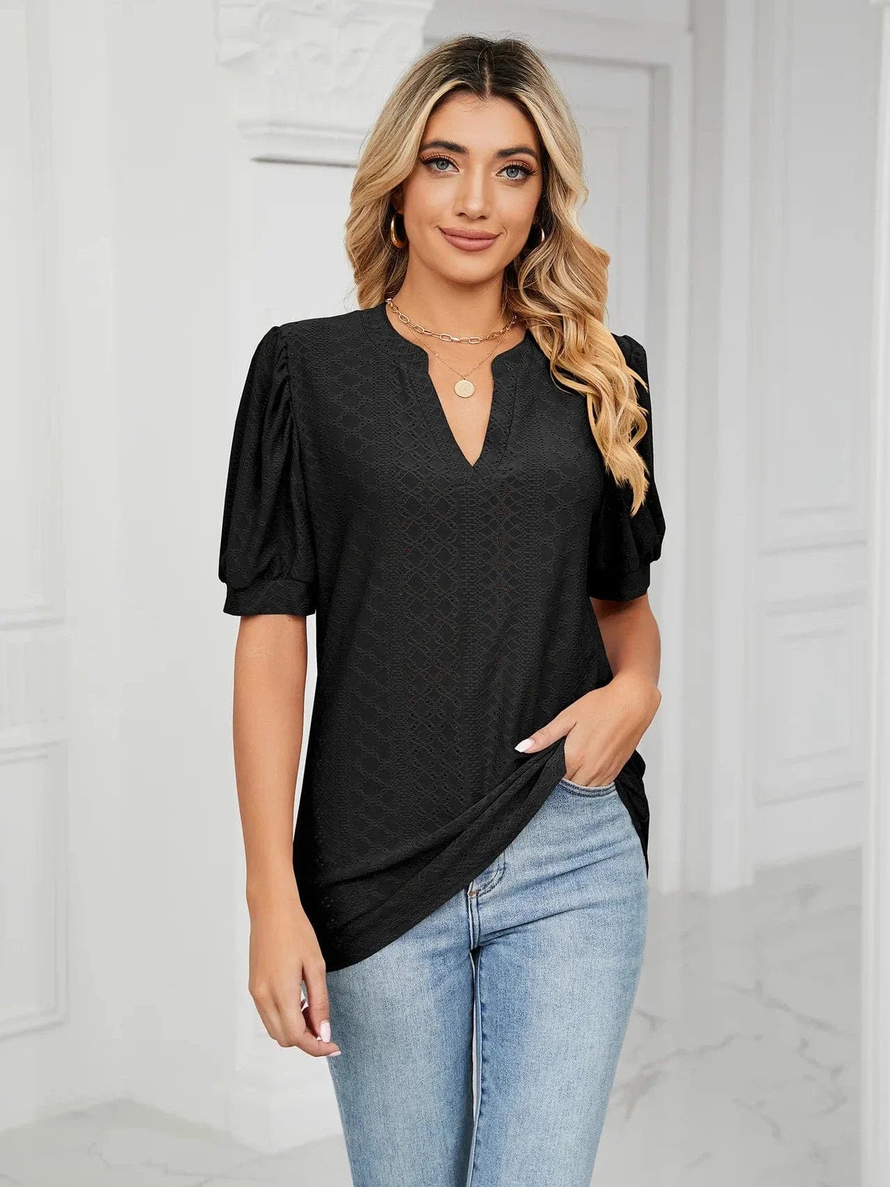 Summer New Clothing Casual Top for Women V-neck Shirts for Women Solid Color Hollow Bubble Sleeve Loose T Shirt Women Tops