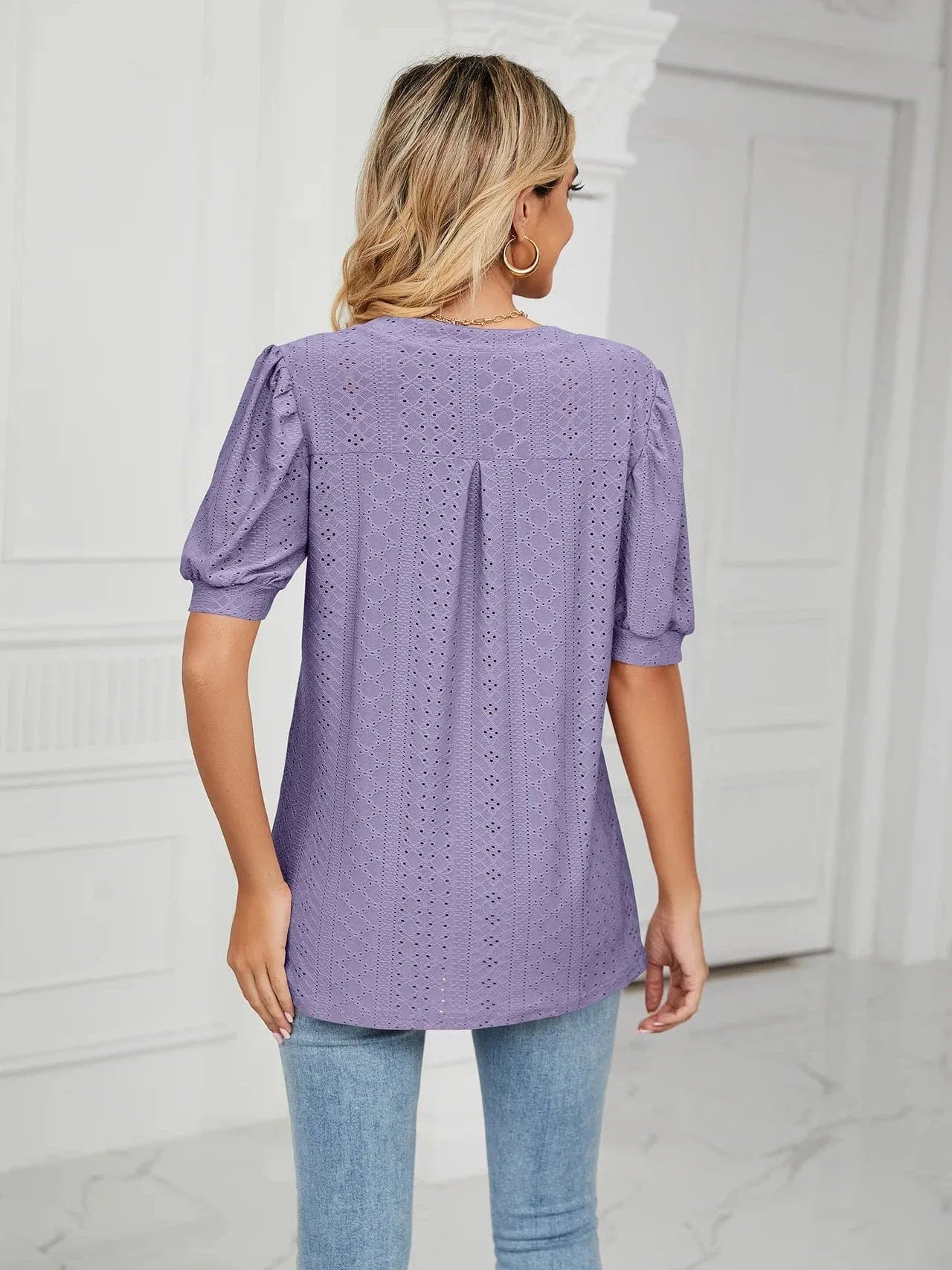 Summer New Clothing Casual Top for Women V-neck Shirts for Women Solid Color Hollow Bubble Sleeve Loose T Shirt Women Tops