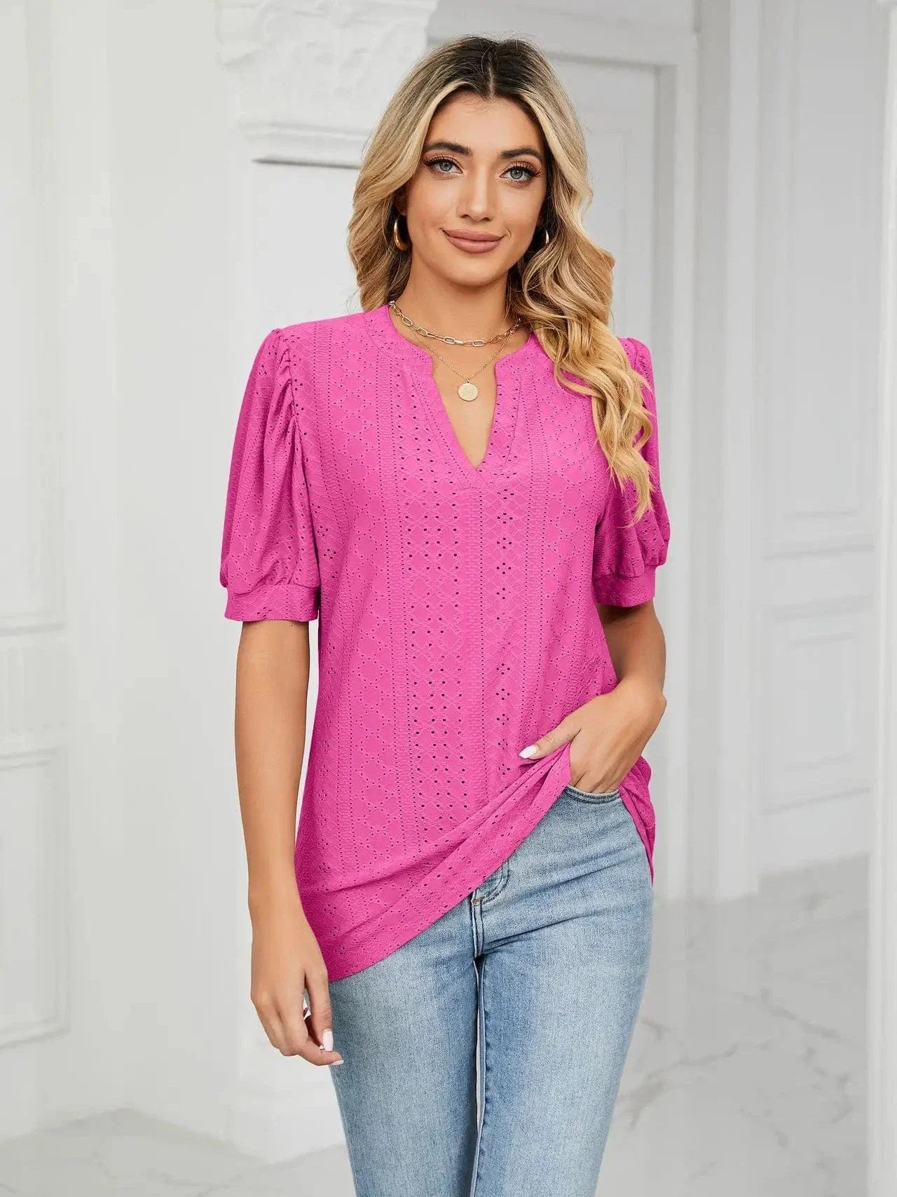 Summer New Clothing Casual Top for Women V-neck Shirts for Women Solid Color Hollow Bubble Sleeve Loose T Shirt Women Tops