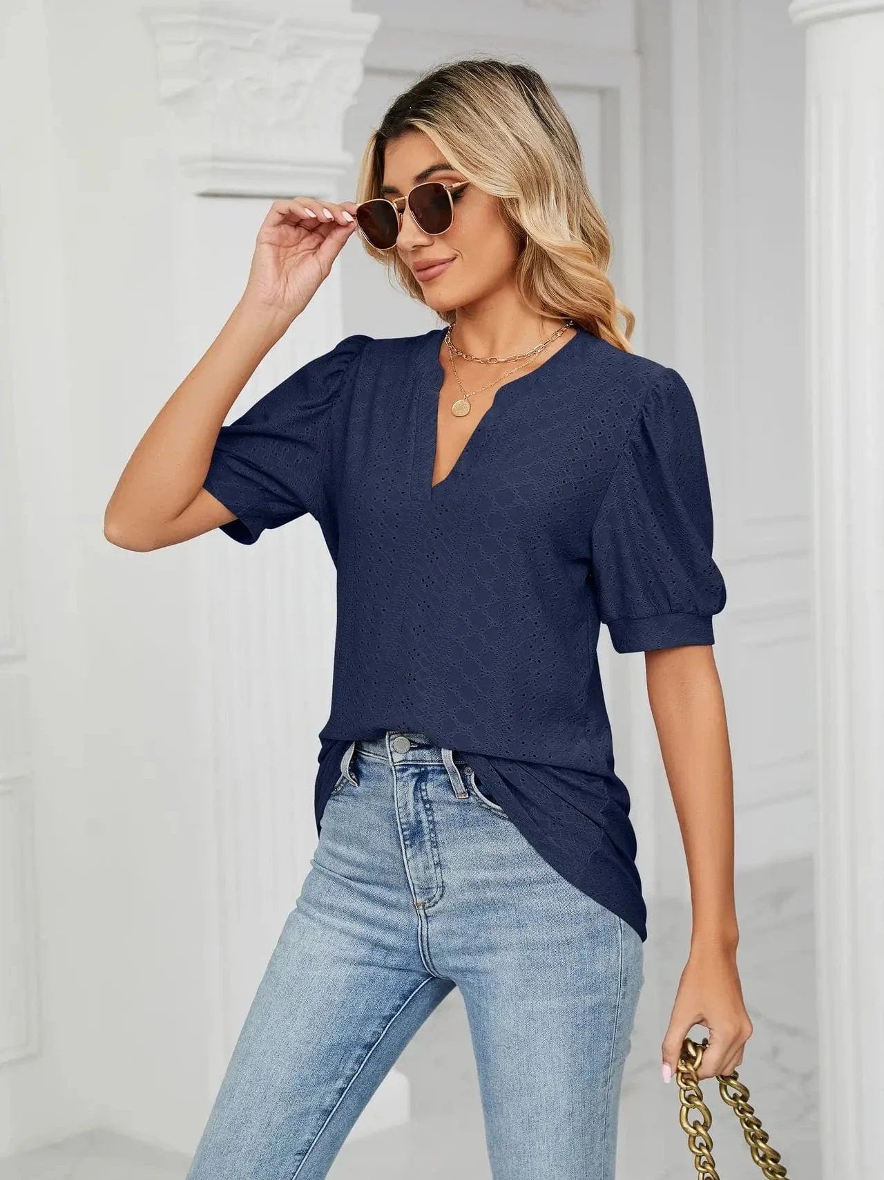 Summer New Clothing Casual Top for Women V-neck Shirts for Women Solid Color Hollow Bubble Sleeve Loose T Shirt Women Tops