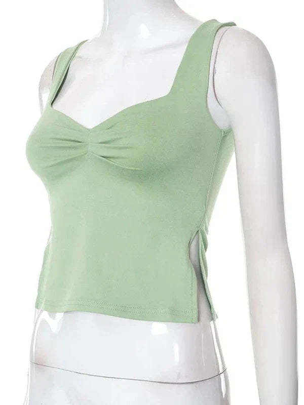 Vintage Square Neck Slit Hem Backless Cropped Tank Top