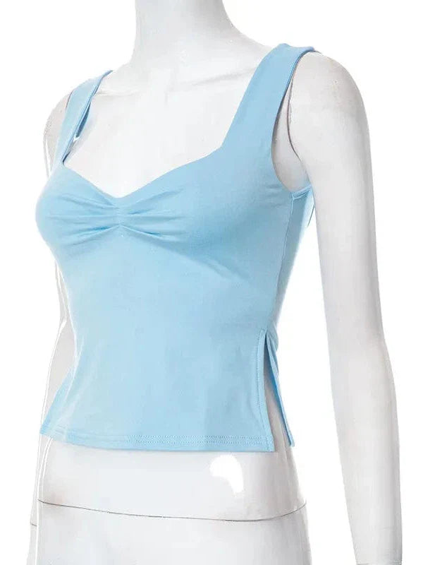 Vintage Square Neck Slit Hem Backless Cropped Tank Top