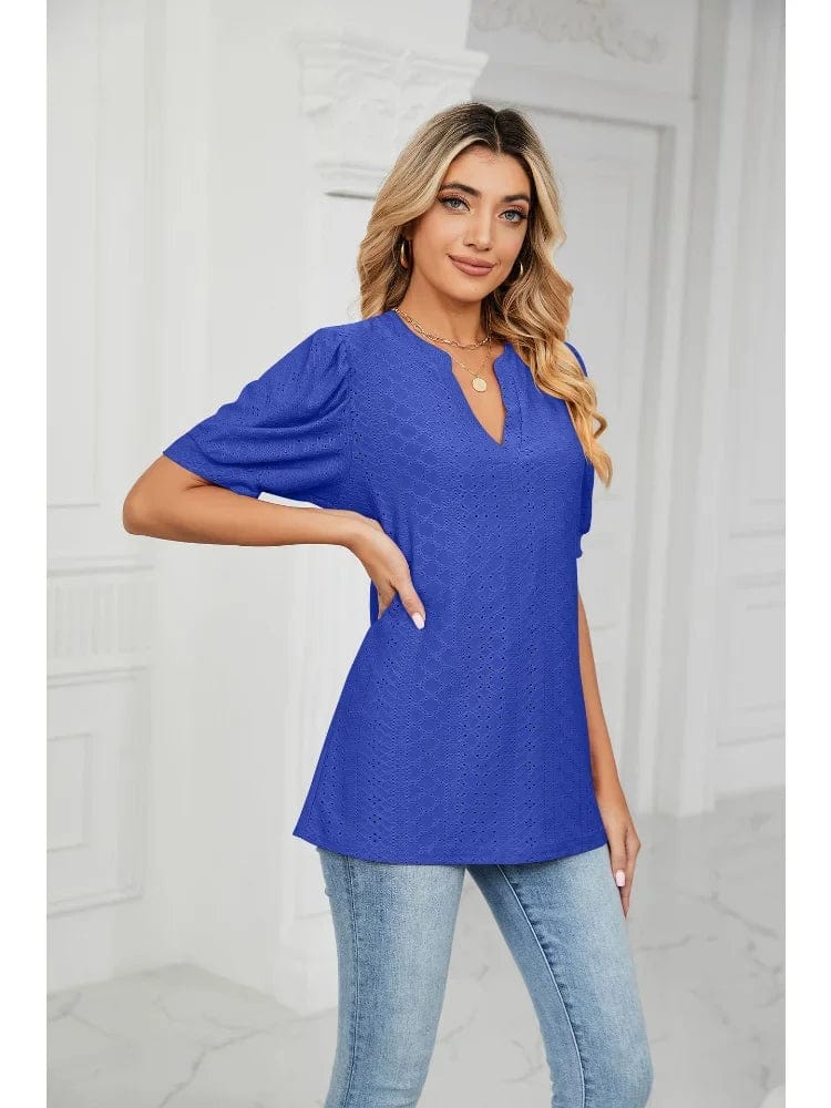 Summer New Clothing Casual Top for Women V-neck Shirts for Women Solid Color Hollow Bubble Sleeve Loose T Shirt Women Tops