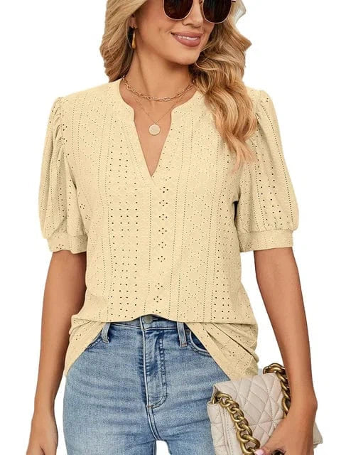 Summer New Clothing Casual Top for Women V-neck Shirts for Women Solid Color Hollow Bubble Sleeve Loose T Shirt Women Tops