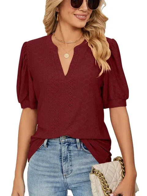 Summer New Clothing Casual Top for Women V-neck Shirts for Women Solid Color Hollow Bubble Sleeve Loose T Shirt Women Tops