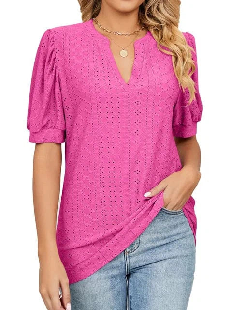 Summer New Clothing Casual Top for Women V-neck Shirts for Women Solid Color Hollow Bubble Sleeve Loose T Shirt Women Tops