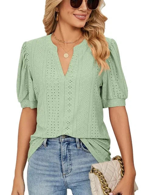 Summer New Clothing Casual Top for Women V-neck Shirts for Women Solid Color Hollow Bubble Sleeve Loose T Shirt Women Tops