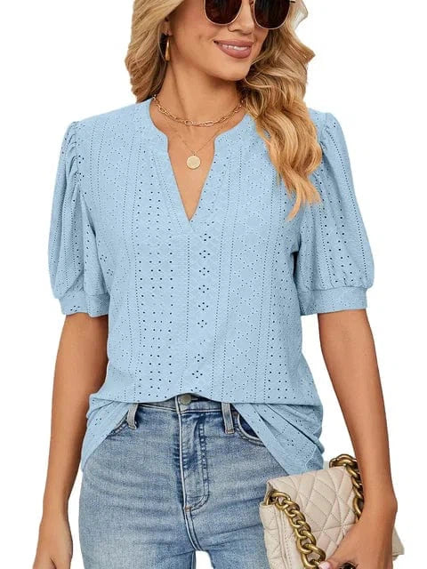 Summer New Clothing Casual Top for Women V-neck Shirts for Women Solid Color Hollow Bubble Sleeve Loose T Shirt Women Tops