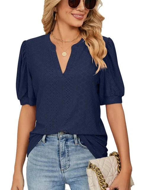 Summer New Clothing Casual Top for Women V-neck Shirts for Women Solid Color Hollow Bubble Sleeve Loose T Shirt Women Tops