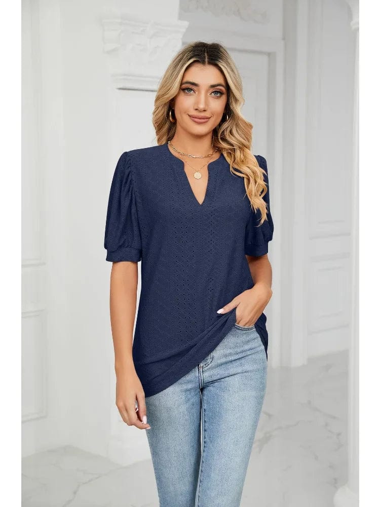 Summer New Clothing Casual Top for Women V-neck Shirts for Women Solid Color Hollow Bubble Sleeve Loose T Shirt Women Tops