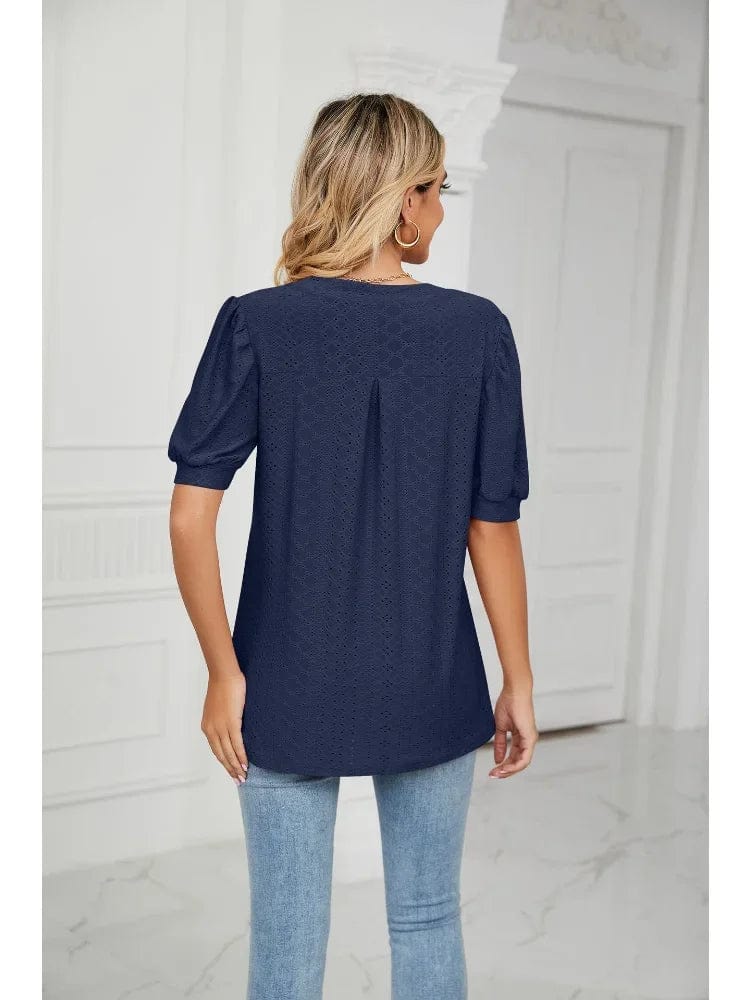 Summer New Clothing Casual Top for Women V-neck Shirts for Women Solid Color Hollow Bubble Sleeve Loose T Shirt Women Tops