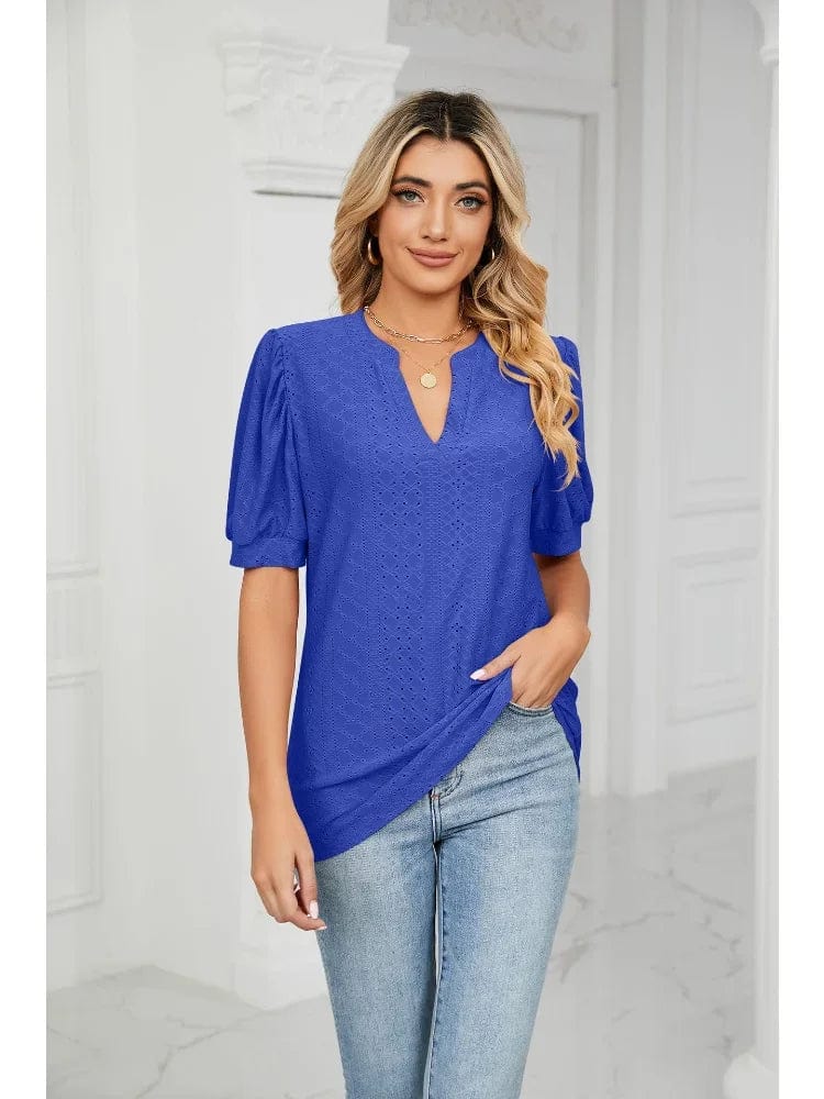 Summer New Clothing Casual Top for Women V-neck Shirts for Women Solid Color Hollow Bubble Sleeve Loose T Shirt Women Tops