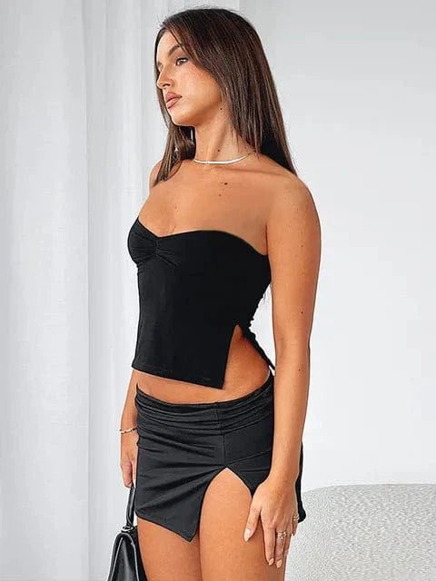 Vintage Square Neck Slit Hem Backless Cropped Tank Top
