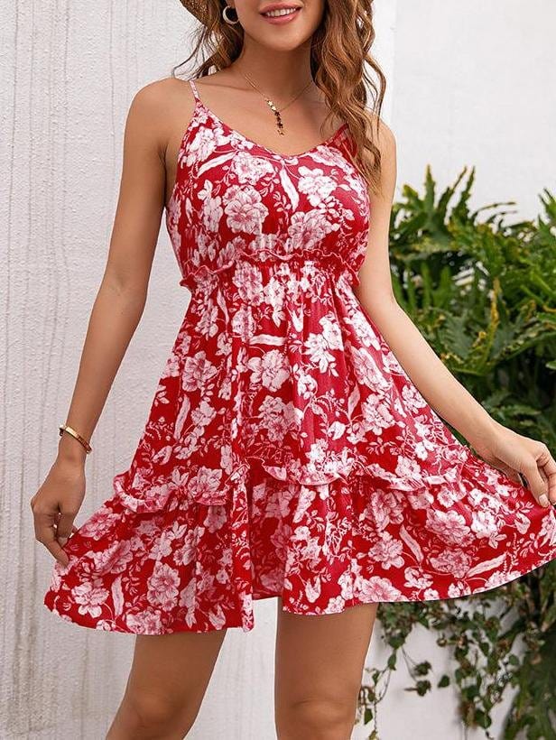 A Line Floral Print V-neck Strap Dress