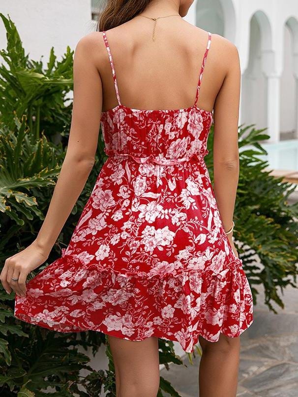 A Line Floral Print V-neck Strap Dress