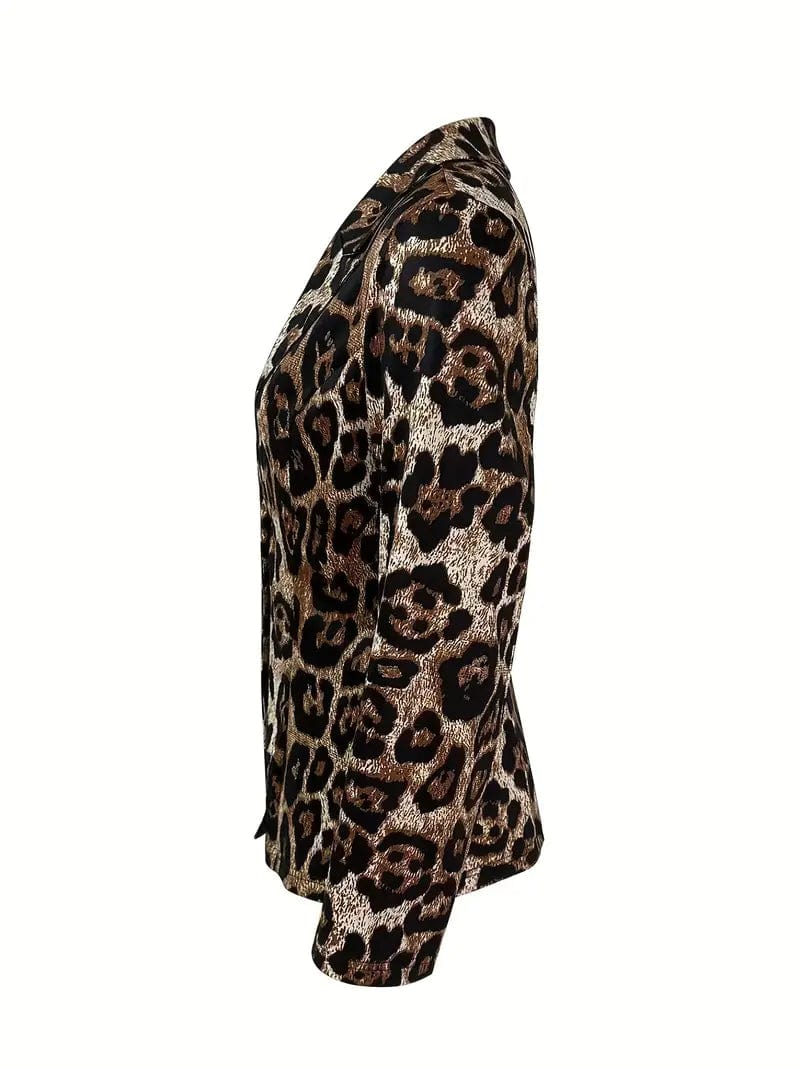 Leopard Print Casual Blazer with Lapel, Long Sleeve Women's Outerwear