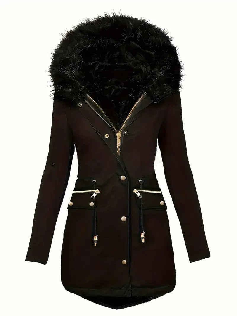 Faux Fur Trim Parka Coat with Hood and Drawstring