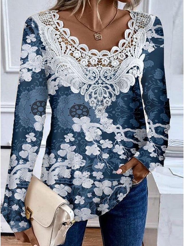 Abstract Blue and Green Print Lace Patchwork Women's Shirt Blouse