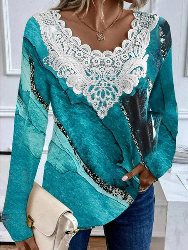 Abstract Blue and Green Print Lace Patchwork Women's Shirt Blouse