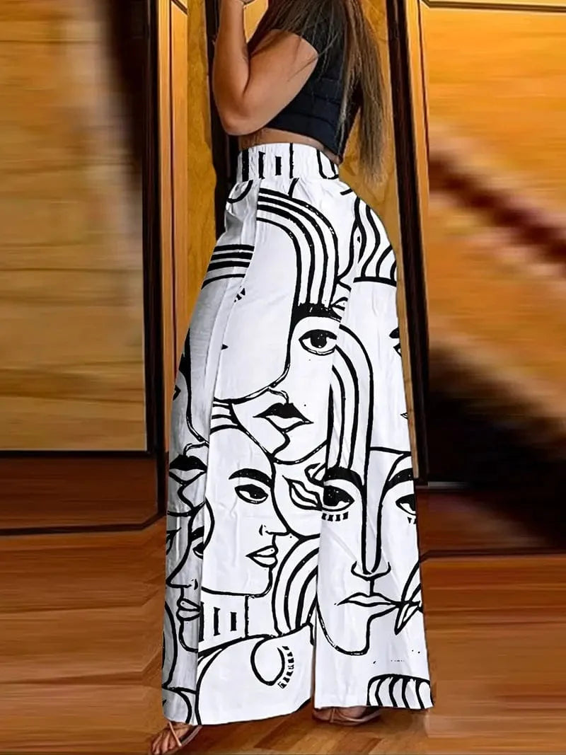 Abstract Face Print Wide Leg High Waist Pants for Women