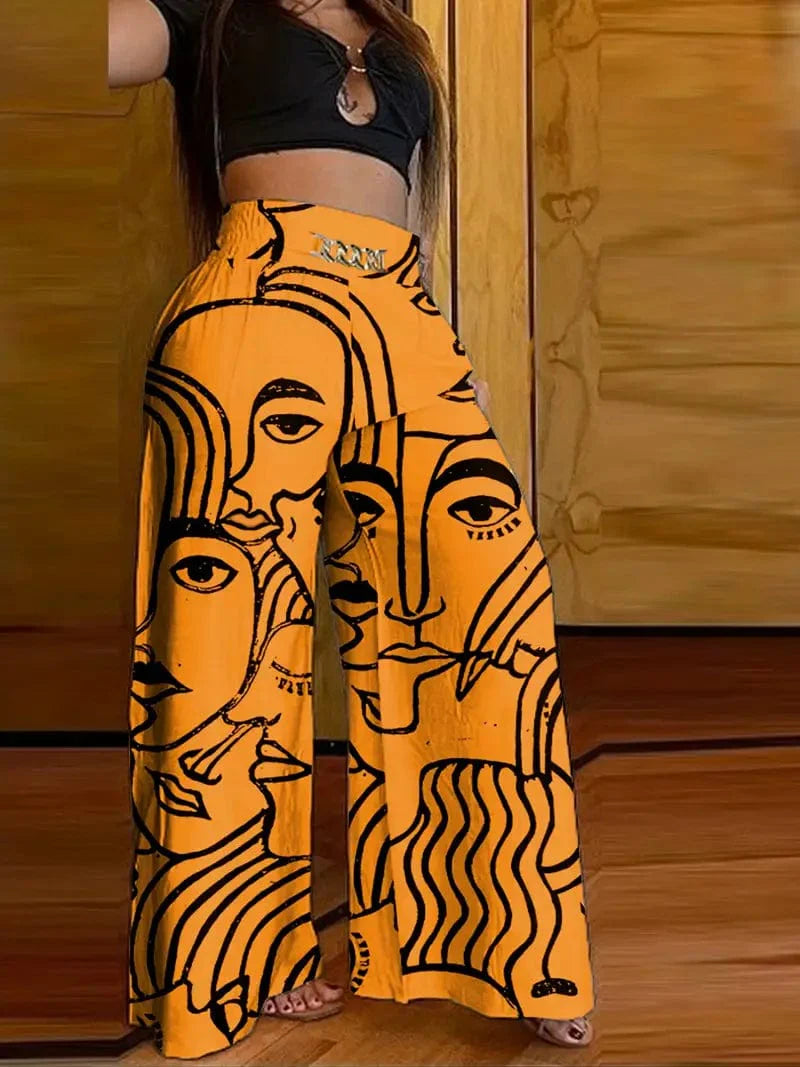 Abstract Face Print Wide Leg High Waist Pants for Women
