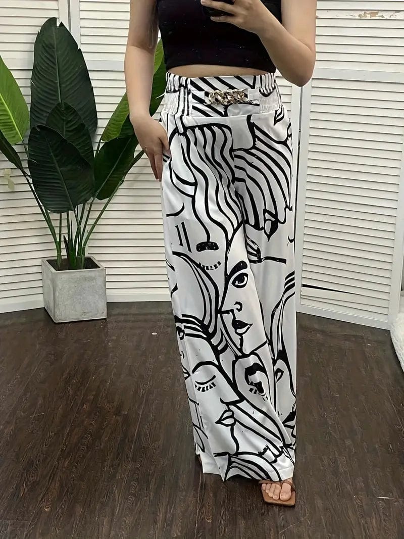 Abstract Face Print Wide Leg High Waist Pants for Women