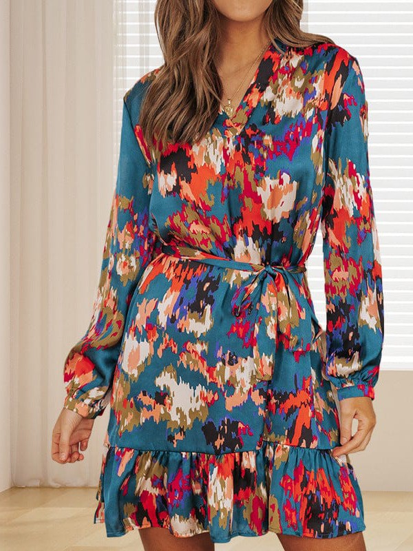 Abstract floral chiffon dress with v-neck and ruffled sleeves for women