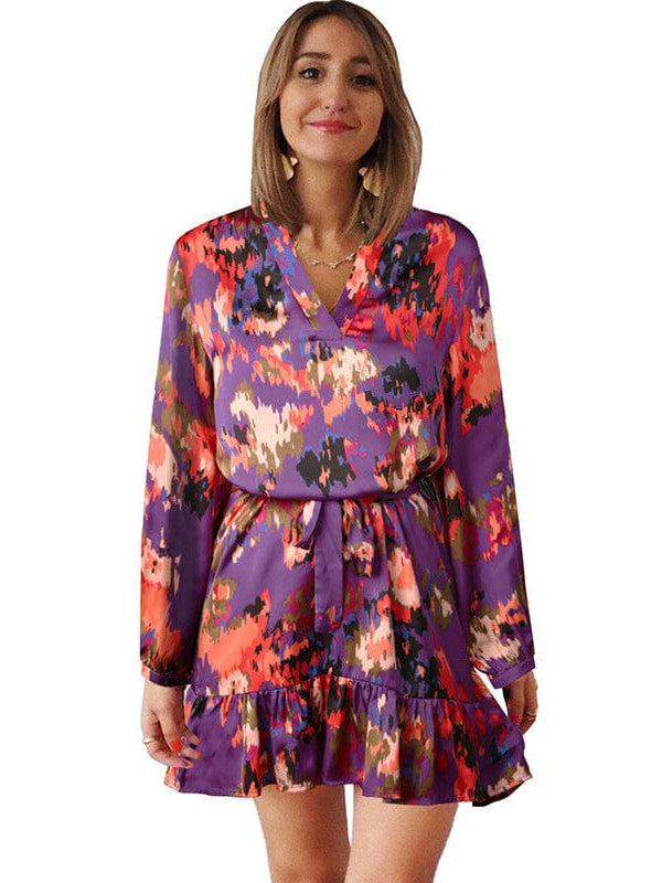 Abstract floral chiffon dress with v-neck and ruffled sleeves for women