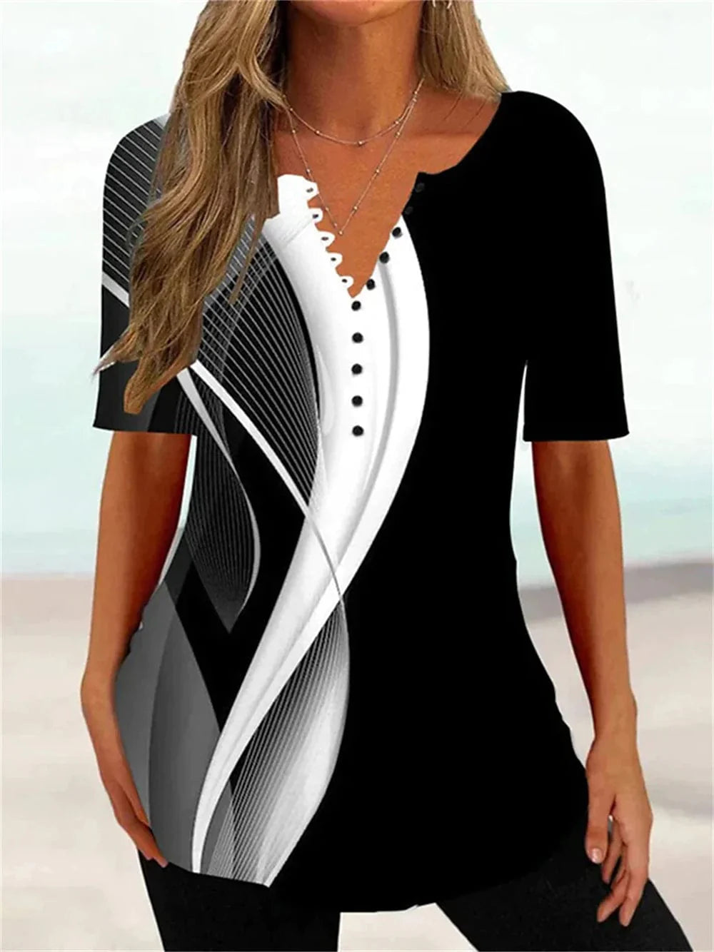 Abstract Graphic Print Women's Henley Tunic Tee