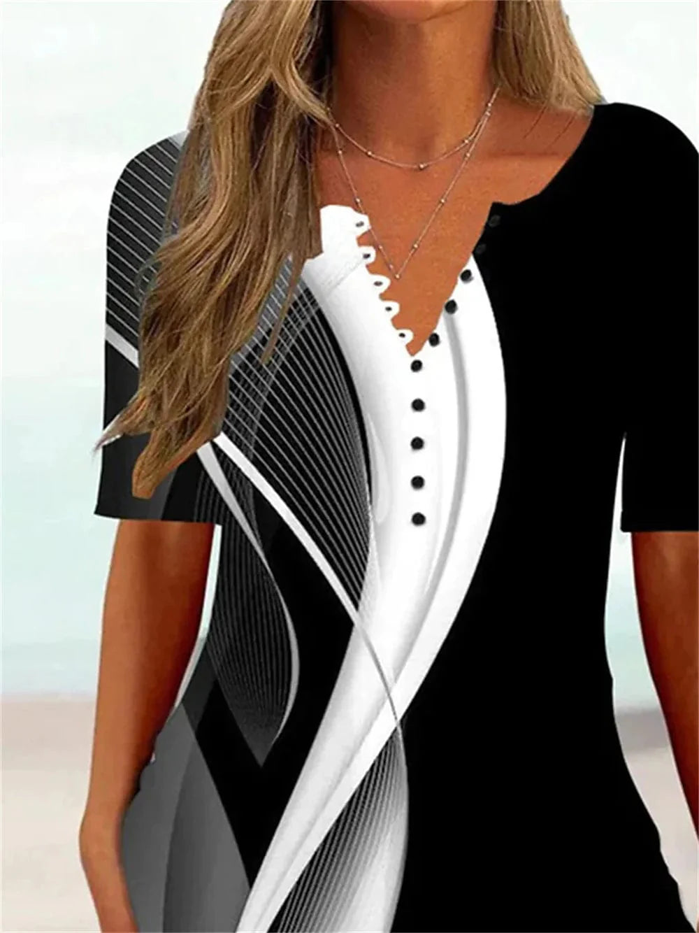 Abstract Graphic Print Women's Henley Tunic Tee