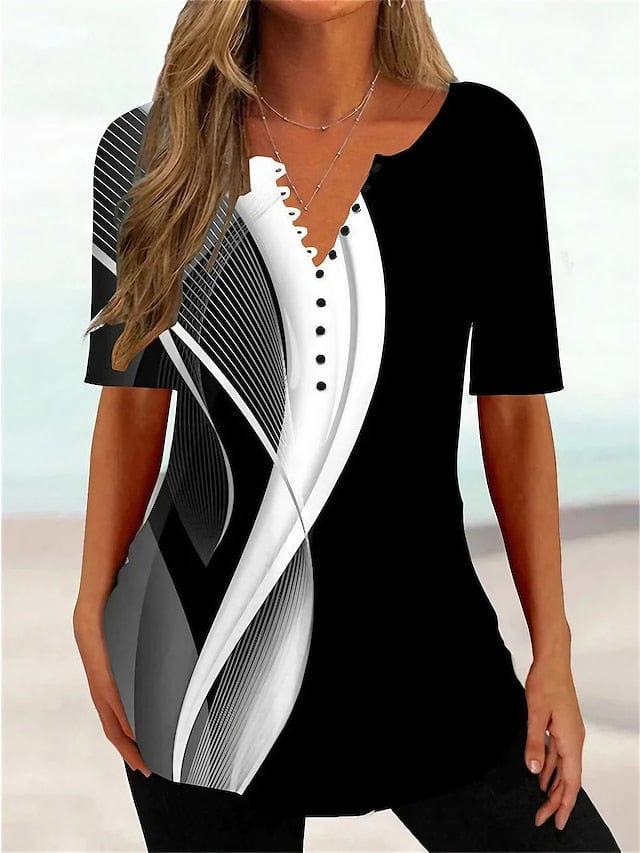 Abstract Graphic Print Women's Henley Tunic Tee
