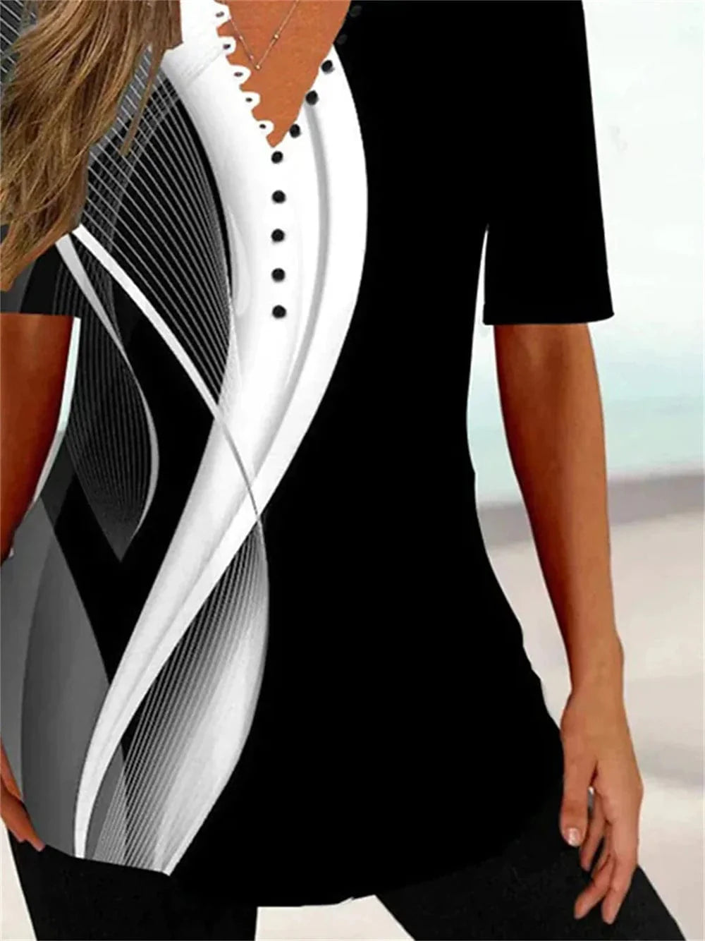 Abstract Graphic Print Women's Henley Tunic Tee