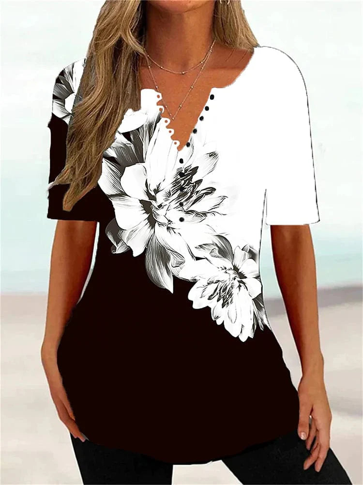 Abstract Graphic Print Women's Henley Tunic Tee