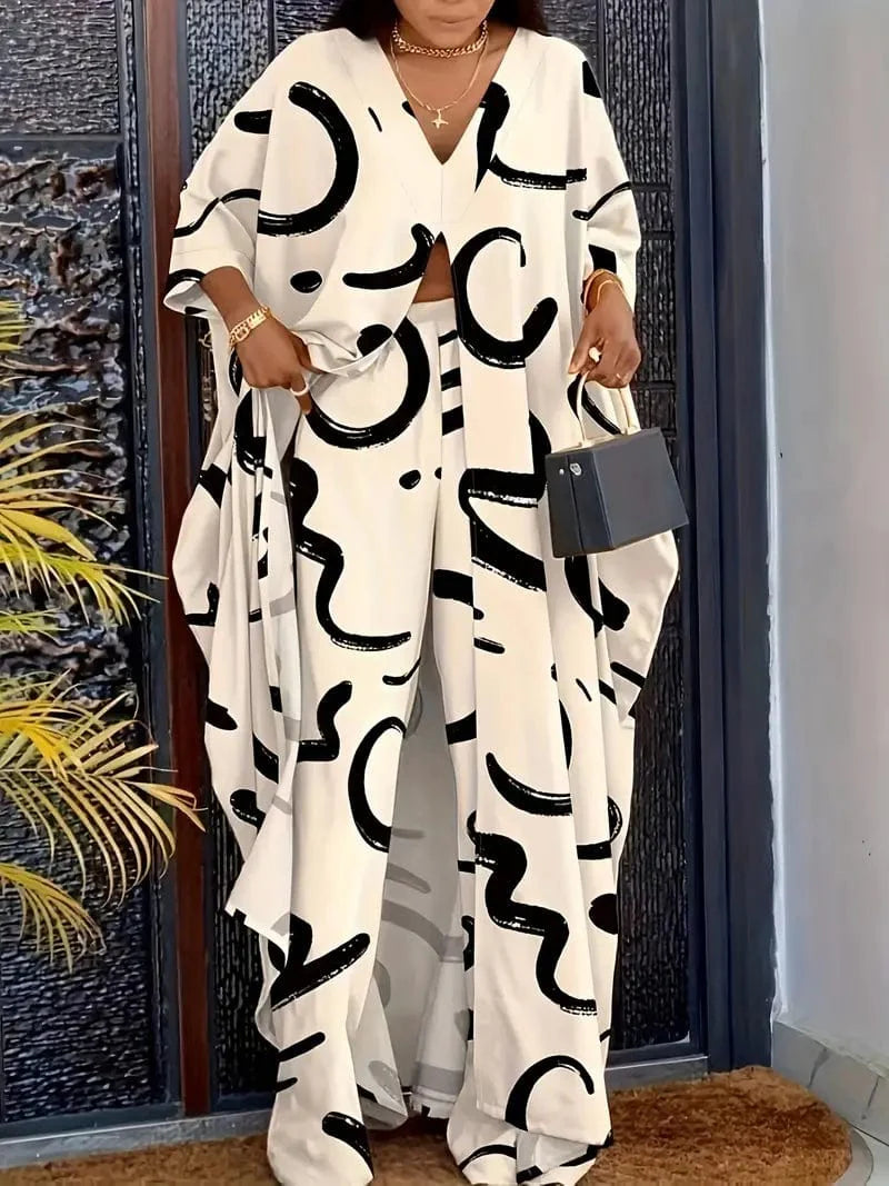 Abstract Pattern Coordinated Two-piece Set, Button-Up Long Sleeve Cardigan & Drawstring Pants Ensemble, Women's Attire