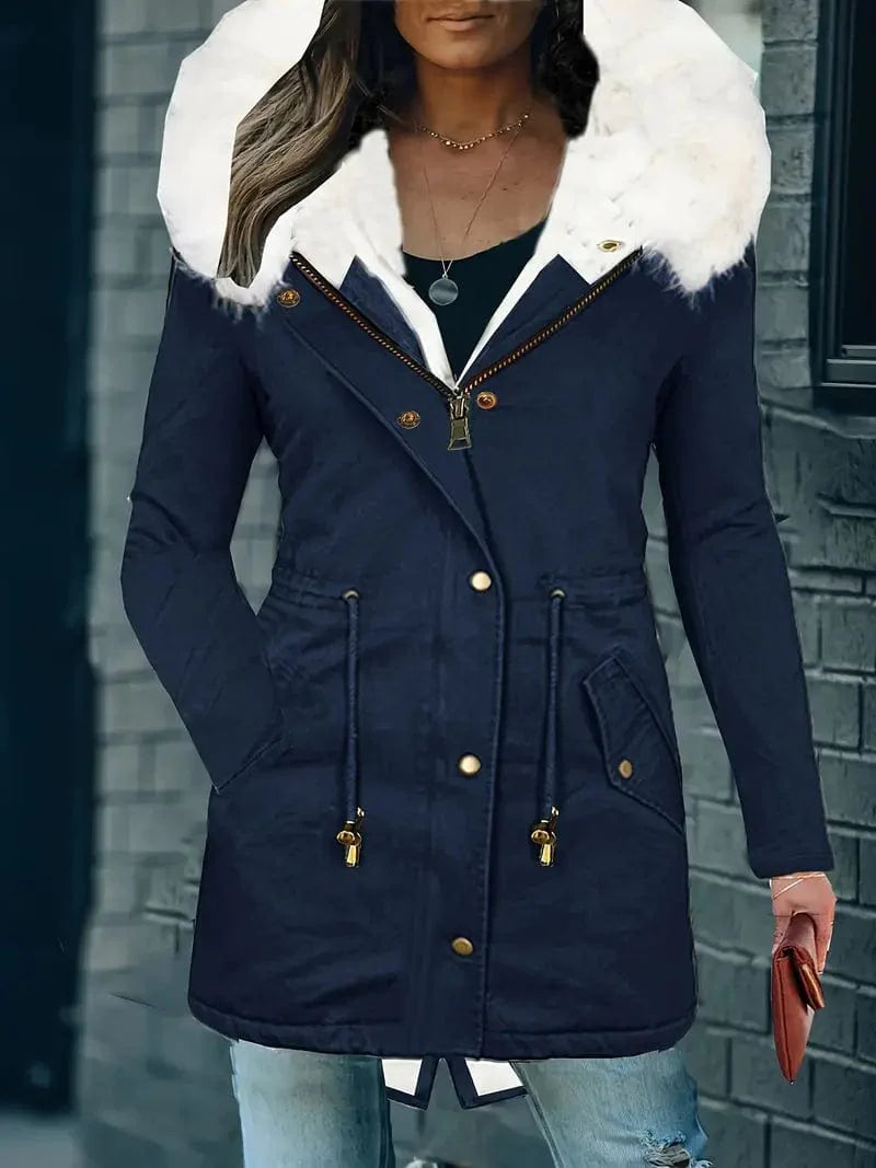 Zip-Up Faux Fur Hood Parka Coat with Thermal Lining