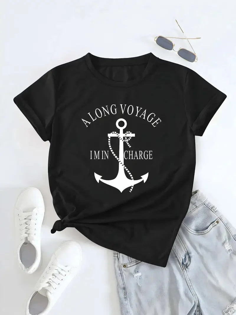Anchor & Alphabet Printed T-shirt, Short Sleeve Crew Neck Casual Top In Women's Clothing