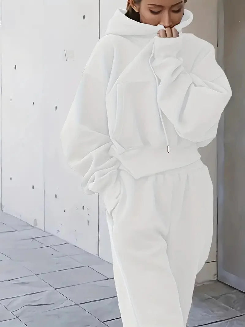 Athleisure 2-Piece Set: Solid Oversized Hoodie with Pocket & Drawstring Sweatpants, Women's Apparel