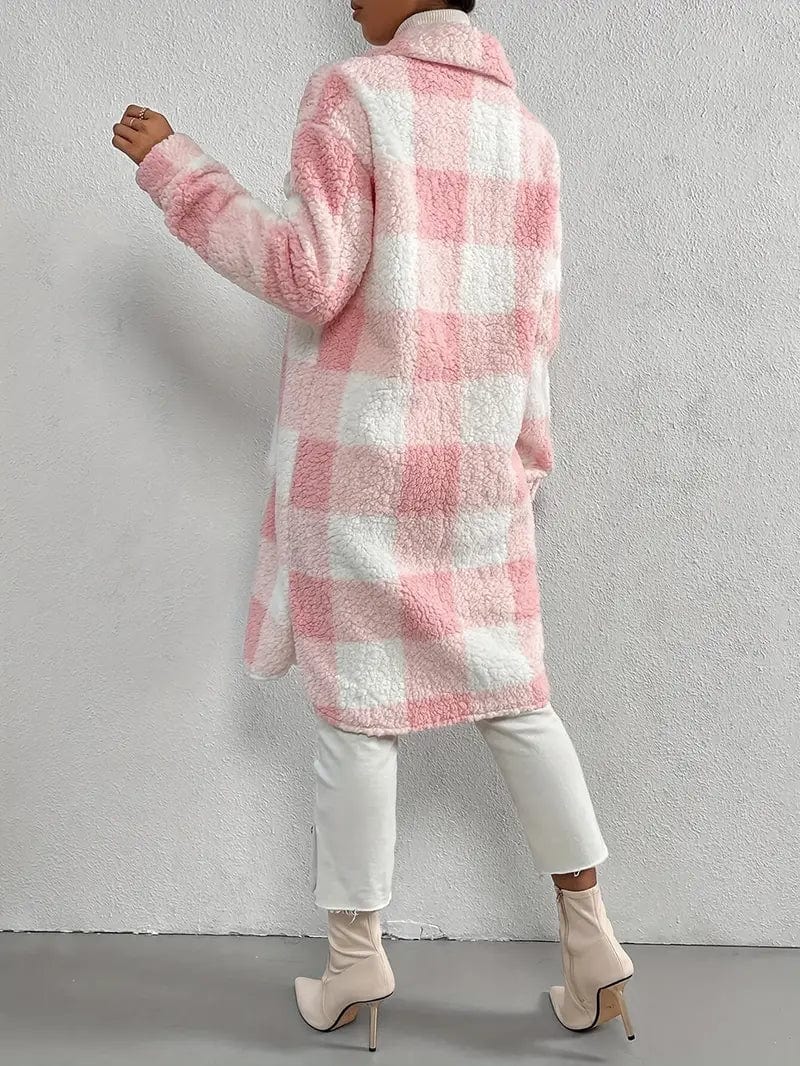 Plaid Pattern Teddy Coat, Stylish Open Front Long Sleeve Outerwear, Women's Garment