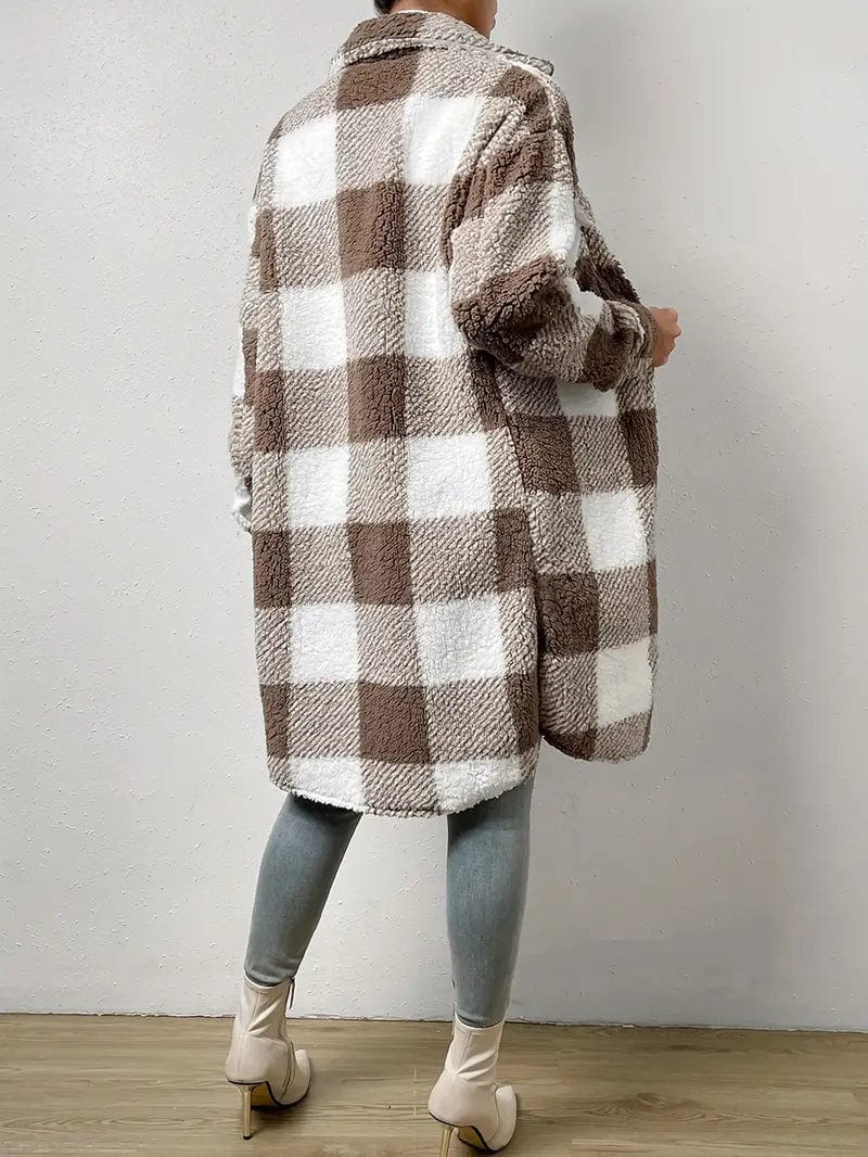 Plaid Pattern Teddy Coat, Stylish Open Front Long Sleeve Outerwear, Women's Garment