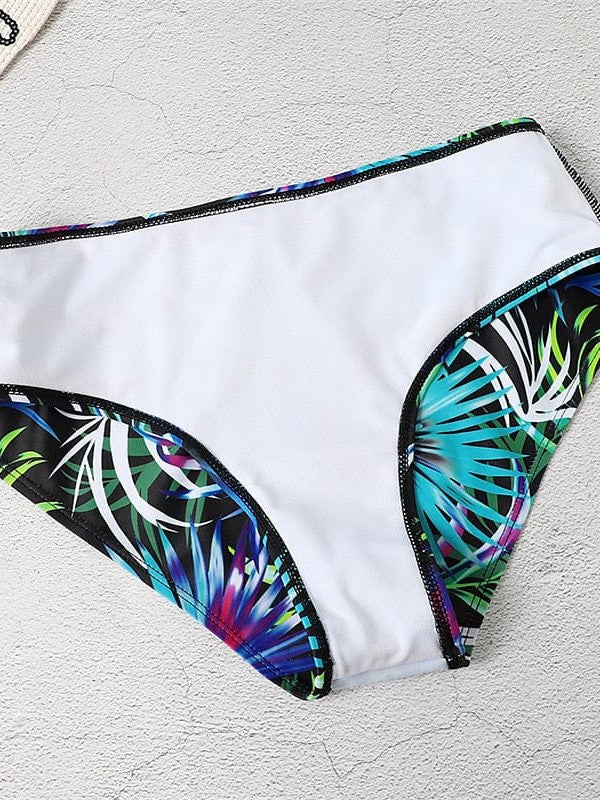 Blue Leaf Print Backless Bikini Set with Push-Up Top for Women
