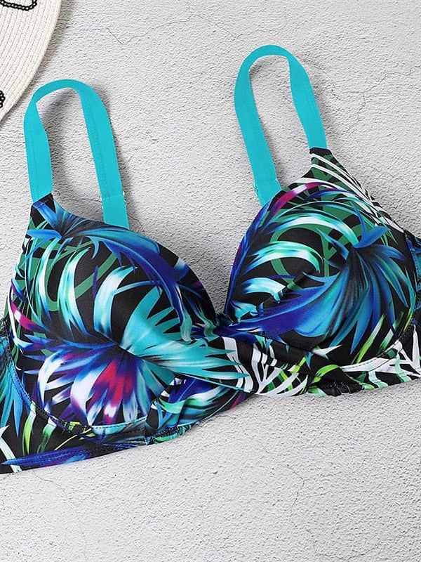 Blue Leaf Print Backless Bikini Set with Push-Up Top for Women