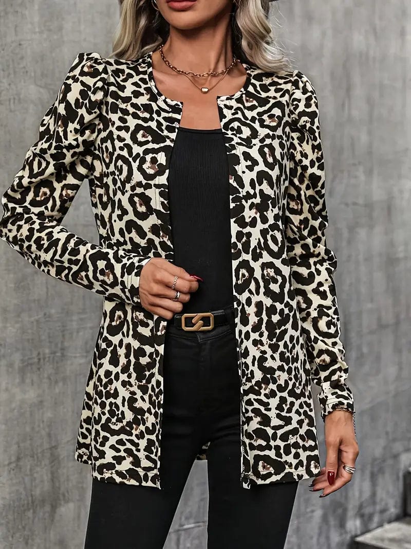 Leopard Print Open Front Coat, Stylish Long Sleeve Outerwear, Women's Fashion