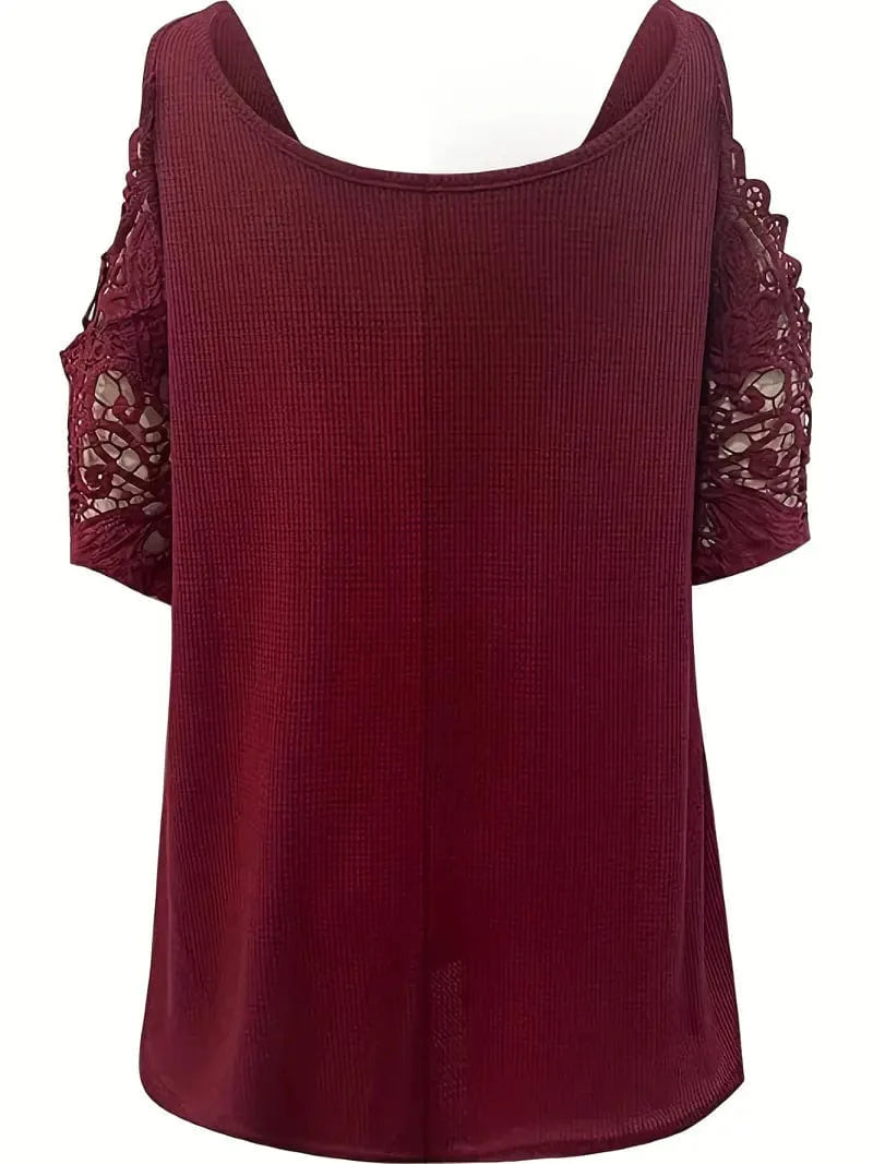 Zipper Detail Cold Shoulder Lace Top, Stylish V Neck Short Sleeve T-Shirt, Everyday Casual Women's Top