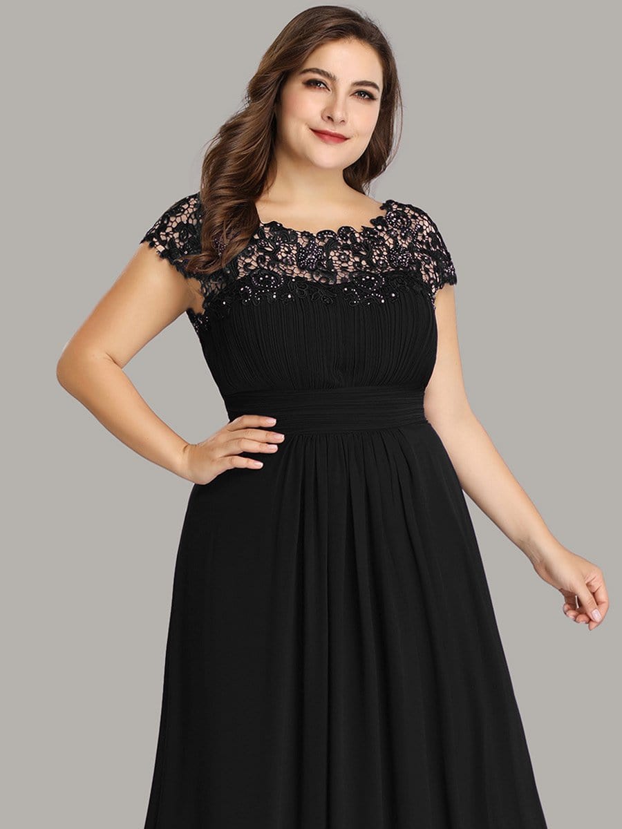 Elegant Lace Cap Sleeve Chiffon Evening Gown with Ruched Detail: Lacey Neckline Open Back Ruched Bust Plus Size Evening Dress